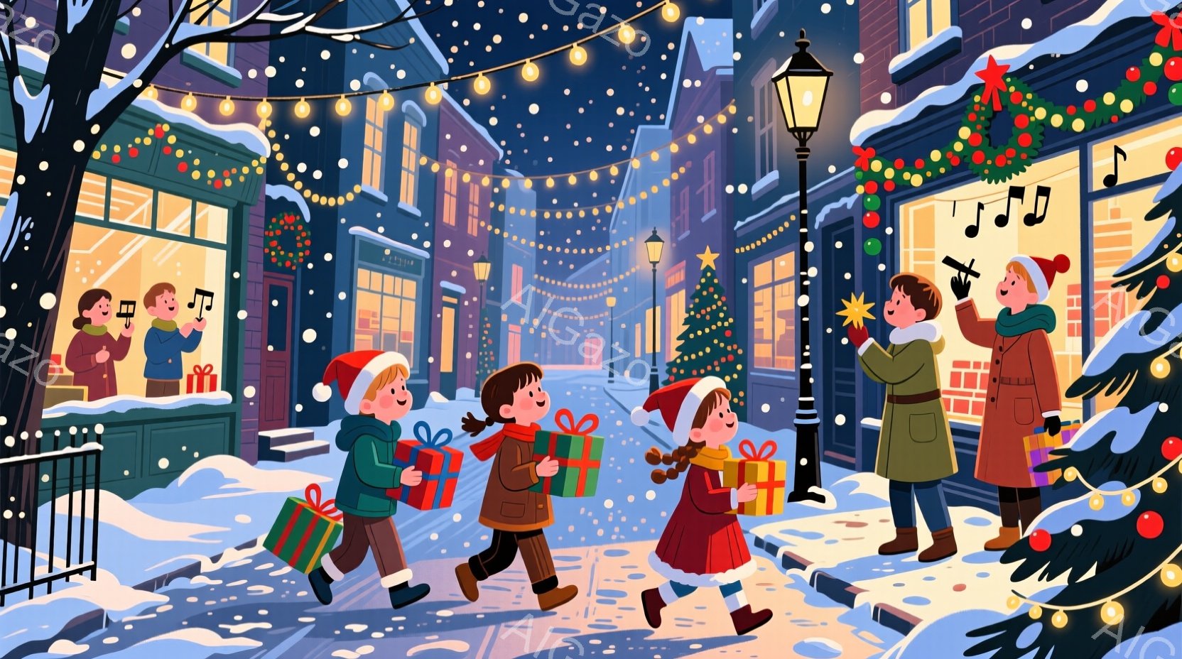 雪が降り積もる街並みを、プレゼントを手にした子供たちが楽しそうに歩いている様子が描かれている。子供たちは赤い帽子やマフラーを身に着け、明るい笑顔を浮かべている。背景には、クリスマスツリーや装飾が施され - AI生成フリー素材