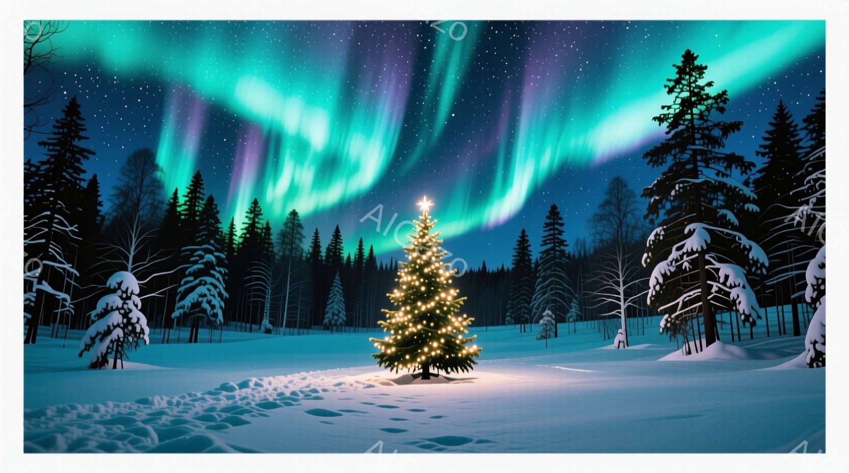 雪に覆われた森林の中に、ライトアップされたクリスマスツリーが一つ立っている。背景にはオーロラが輝き、空一面を緑と紫の色で染め上げている。雪原には誰かの足跡が続いており、幻想的で静謐な冬の夜の雰囲気が漂 - AI生成フリー素材