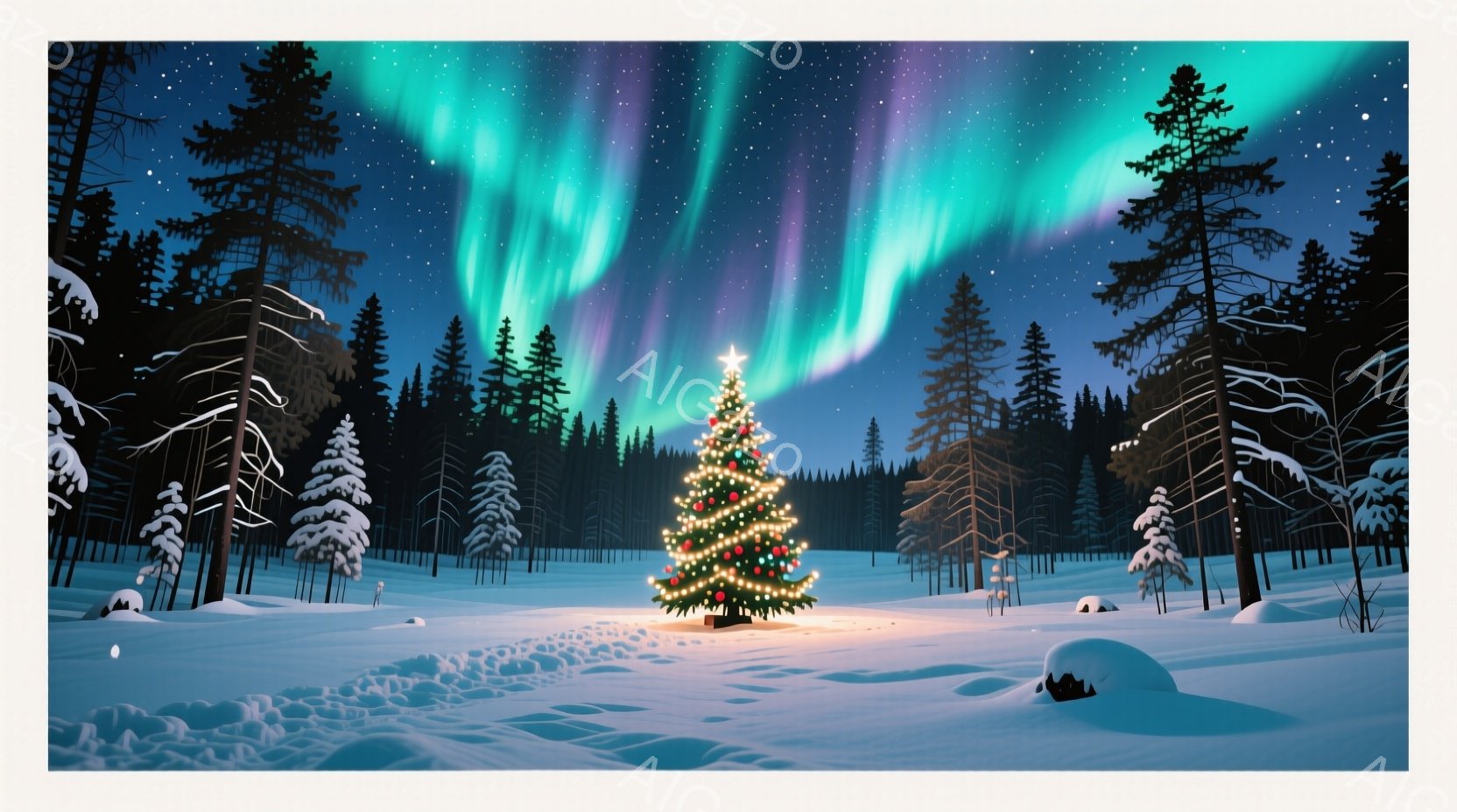 雪深い森林の中に、ライトアップされたクリスマスツリーが輝いている。オーロラが夜空を彩り、幻想的な雰囲気を醸し出している。雪原には足跡が点在し、静寂の中に生命の息吹を感じさせる。 - AI生成フリー素材
