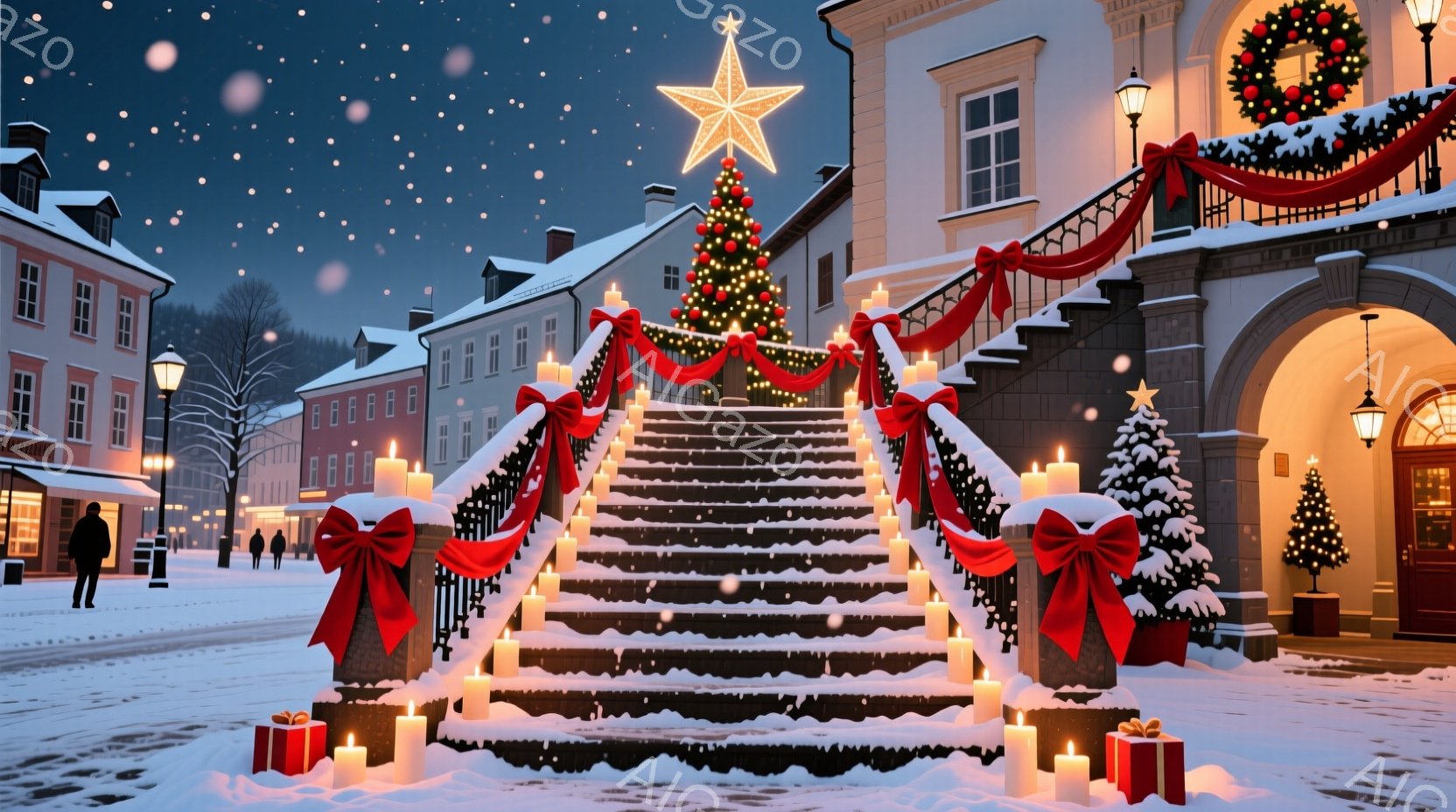 雪が舞う夜の美しい光景で、階段がキャンドルと赤いリボンで飾られ、クリスマスの装飾が施されたクリスマスツリーが頂上に輝いている。背景には、冬の装いの建物が並び、遠くには雪に覆われた木々が見える、穏やかで - AI生成フリー素材