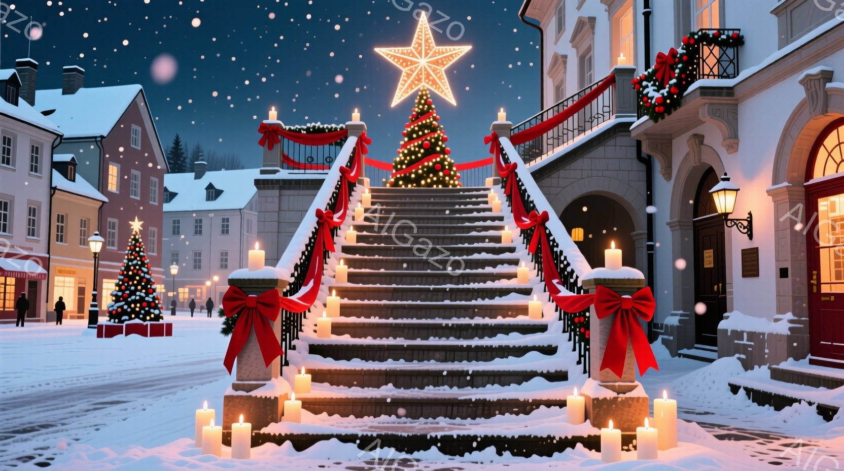 雪が舞う夜の街並みが描かれており、石造りの階段が中央に位置し、クリスマスツリーと星の飾りで華やかに彩られています。階段の両脇にはキャンドルが灯り、建物は暖色の光で照らされ、クリスマスの温かい雰囲気を醸 - AI生成フリー素材