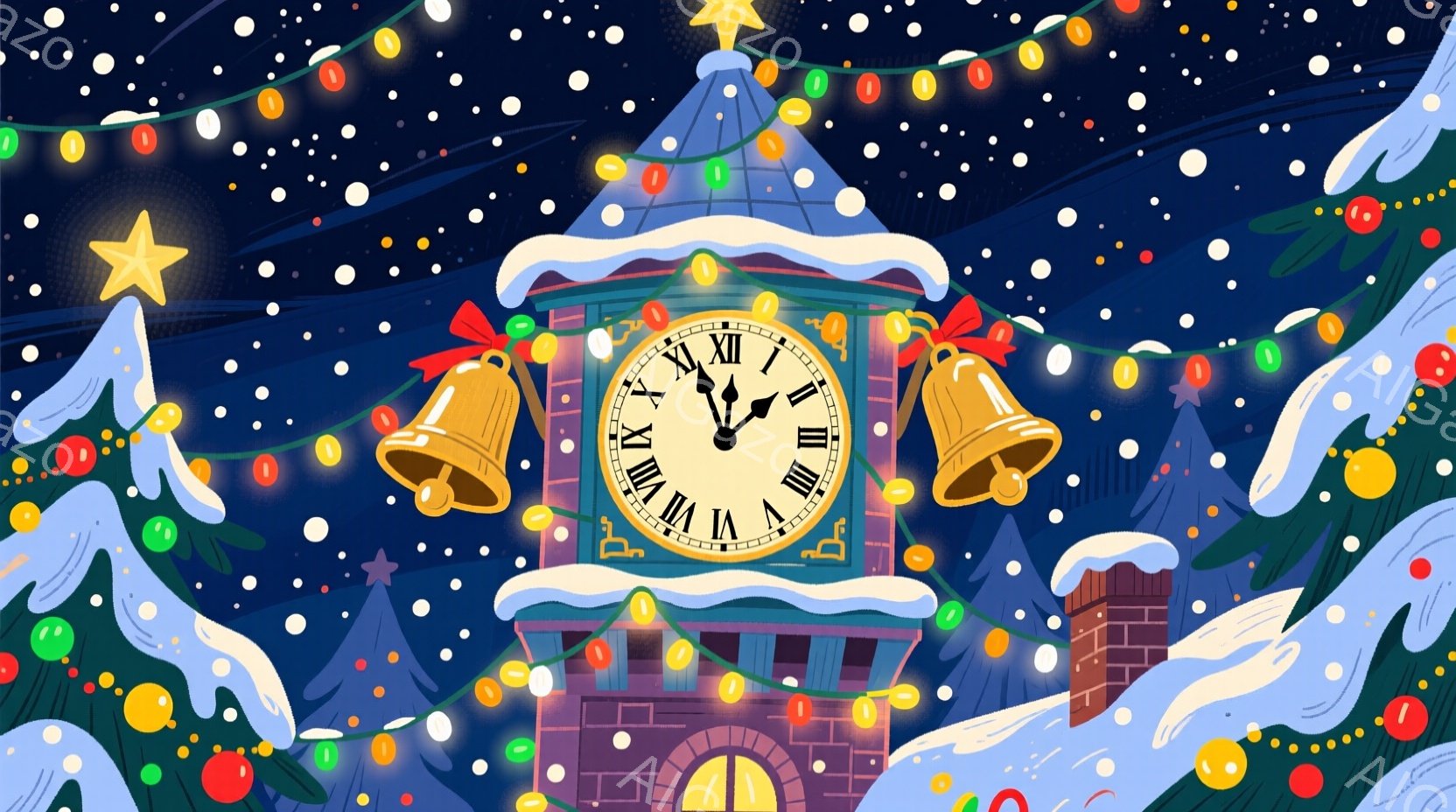 鮮やかな色彩で描かれた塔の時計が中央に位置し、雪が舞う冬の夜空を背景にしています。時計の針は10時を指しており、塔の周りにはクリスマスツリーや装飾が輝き、お祝いの雰囲気を演出しています。全体的に暖かく、楽しげな冬の情景が表現されています。