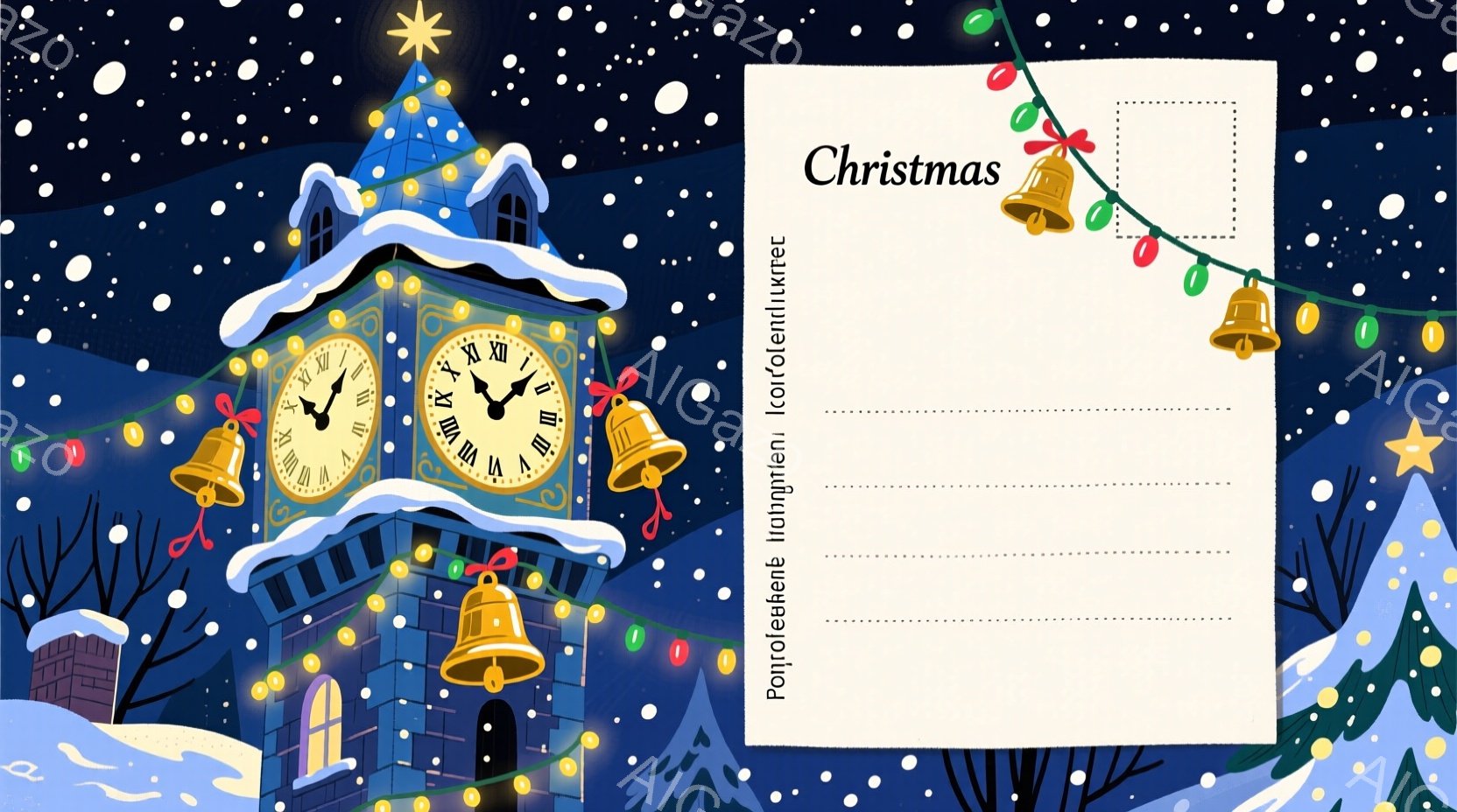 凍てつくような夜空を背景に、雪景色の中に鐘楼が描かれています。鐘楼からは複数の金の鐘が吊り下げられ、それぞれがリボンや葉で飾られています。雪片が舞い、星が輝き、冬の静かで幻想的な雰囲気が漂っています。