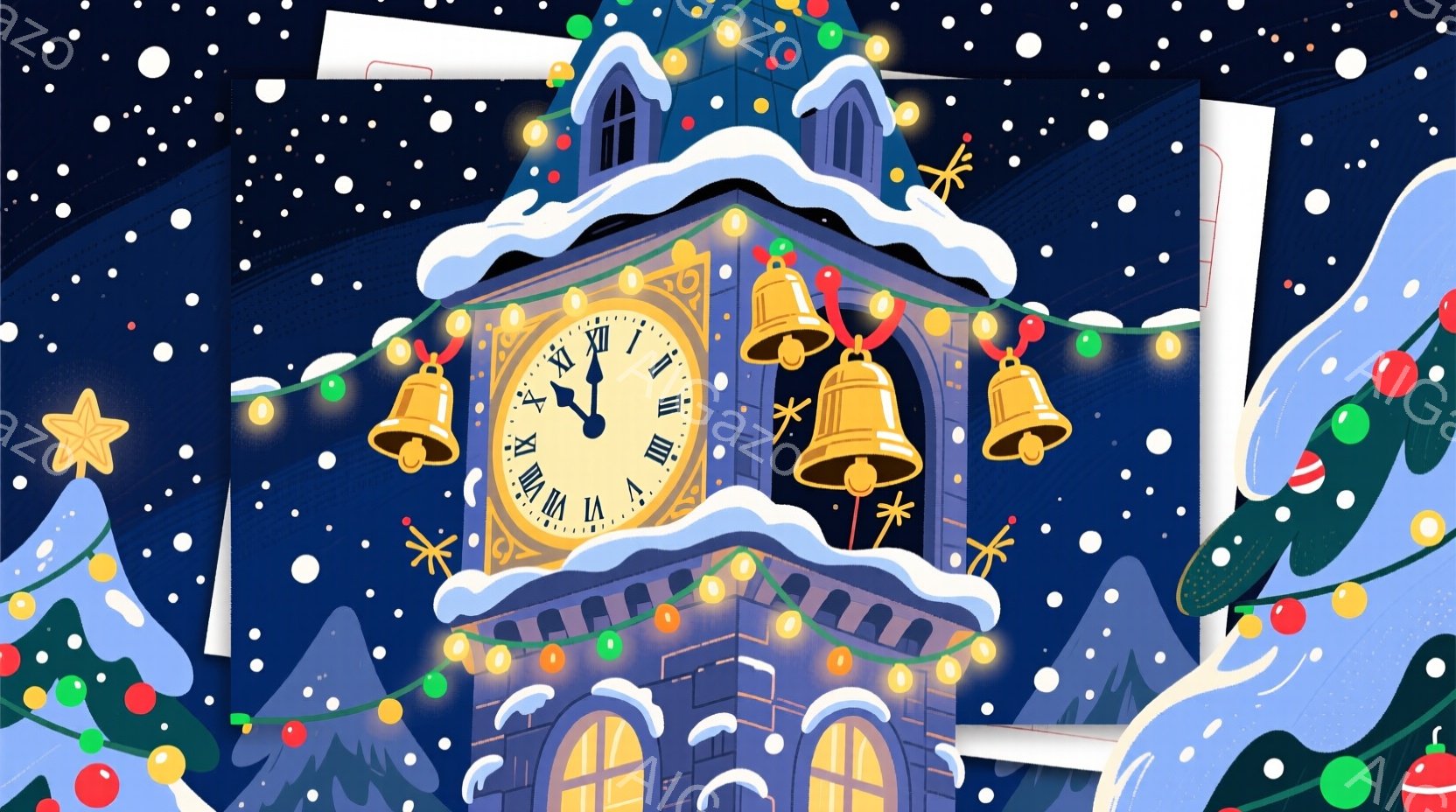 雪が舞う夜空を背景に、装飾された時計台が描かれています。時計台は、クリスマスツリーの飾りや電飾で華やかに彩られており、時刻はほぼ夜明けを示しています。全体的に暖かく、お祝いの雰囲気が漂う、クリスマスの - AI生成フリー素材