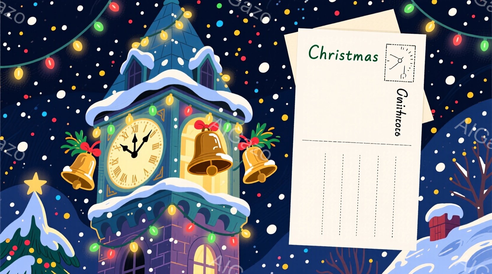 鮮やかなクリスマスを祝うイラストで、雪で覆われた塔が描かれています。塔には大きな時計と、リボンや松ぼっくりで飾られたベルが取り付けられており、周りには星や雪が舞っています。背景は暗く、塔の光と星の輝き - AI生成フリー素材