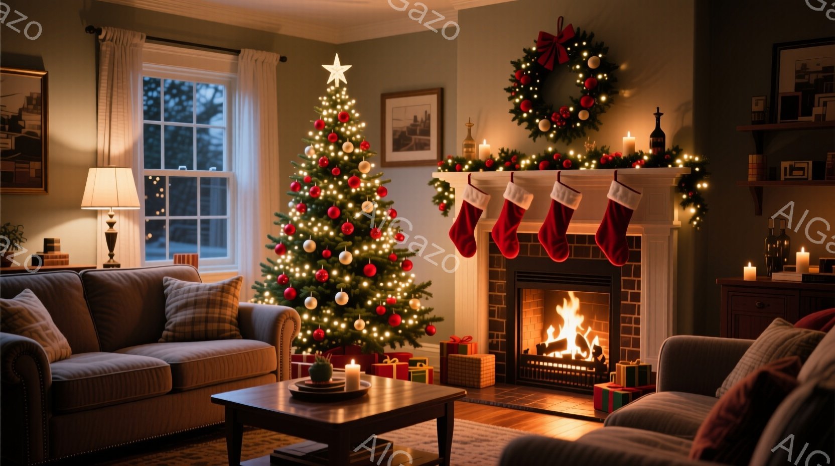 暖炉のあるリビングルームには、装飾されたクリスマスツリーがそびえ立っています。暖炉には赤いクリスマスストッキングが掛けられ、その周りにはキャンドルやプレゼントが置かれ、温かく心地よい雰囲気を醸し出して - AI生成フリー素材