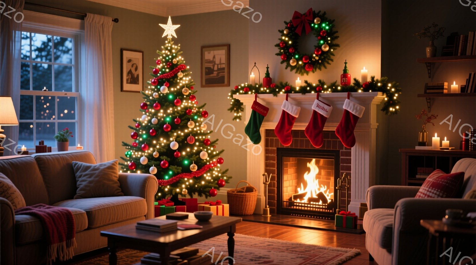 暖炉のそばにクリスマスツリーが飾られた、温かく居心地の良いリビングルームです。ツリーは様々なオーナメントと電飾で彩られ、床にはプレゼントが積み重ねられています。暖炉の火と電飾の光が部屋全体を暖かく照ら - AI生成フリー素材