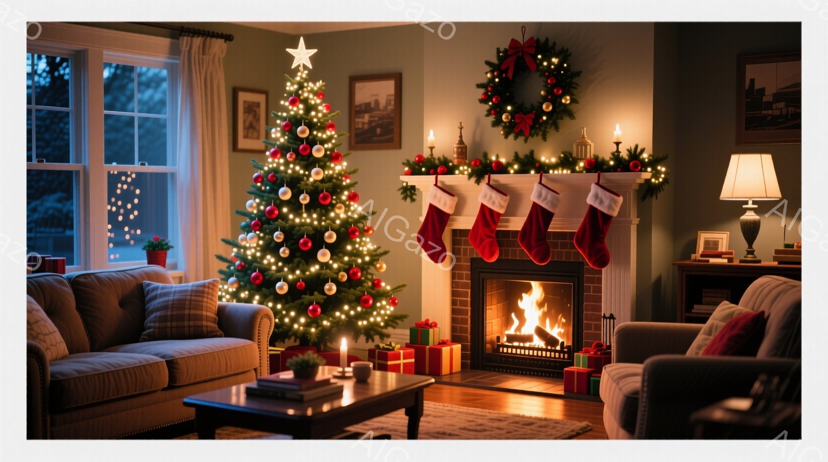 暖炉のある居間には、装飾されたクリスマスツリーとプレゼントが置かれ、温かい光が部屋全体を包み込んでいます。暖炉には赤いストッキングが吊り下げられ、壁にはクリスマスリースが飾られ、ホリデーシーズンらしい - AI生成フリー素材