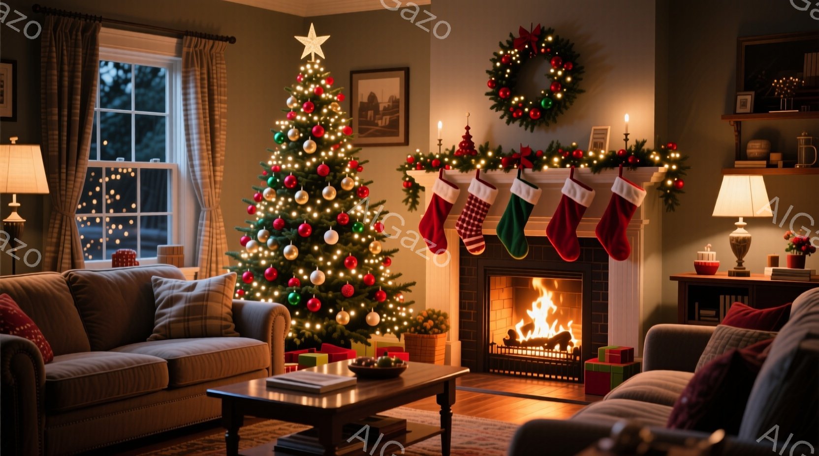 暖炉のある居間には、クリスマスツリーが飾られ、温かい光が灯っています。暖炉の上にはクリスマスストッキングが並び、部屋全体がホリデーシーズンらしい居心地の良い雰囲気に包まれています。窓の外は夜で、暖かい - AI生成フリー素材