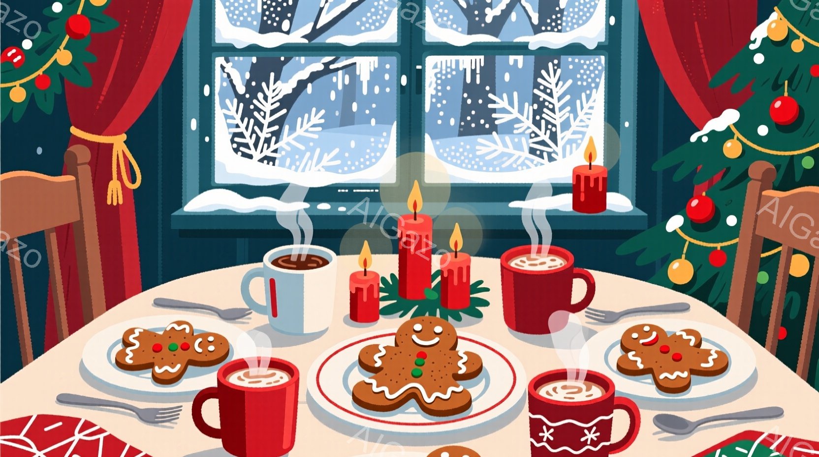 暖炉のそばのテーブルには、クリスマスのジンジャーブレッドクッキーと温かい飲み物が置かれています。窓の外には雪景色が広がり、冬の静寂と温かさを感じさせます。テーブルの上には、赤いキャンドルとクリスマスツ - AI生成フリー素材