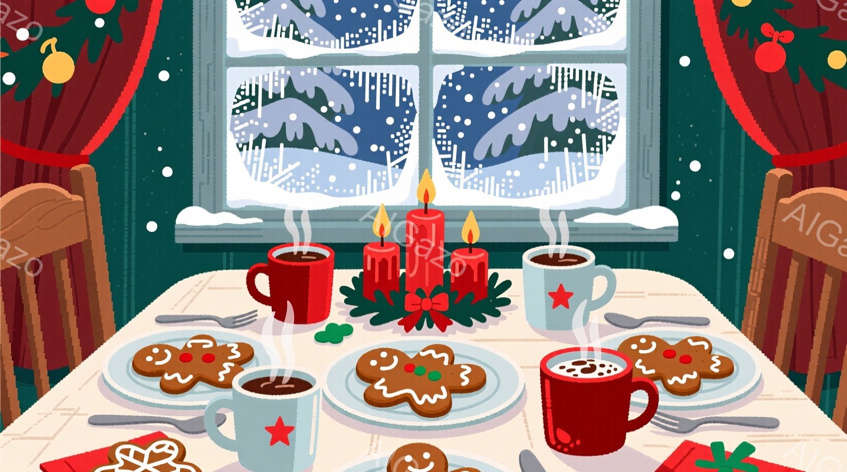 暖炉のそばのダイニングテーブルには、赤いマグカップに入った温かい飲み物と、ジンジャーブレッドクッキーが並んでいます。窓の外は雪景色で、クリスマスの飾り付けがテーブルを彩り、温かく居心地の良い雰囲気を作 - AI生成フリー素材