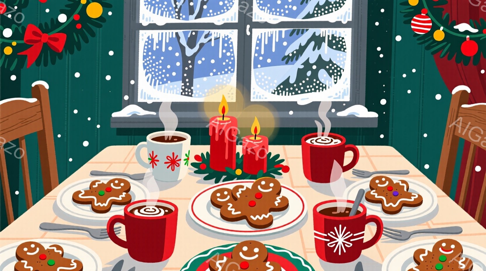 クリスマスを祝う温かい情景が描かれています。窓の外は雪景色で、室内には赤いキャンドルとジンジャーブレッドクッキー、温かい飲み物が並べられたテーブルがあります。暖炉のそばでリラックスした時間を過ごせる、 - AI生成フリー素材