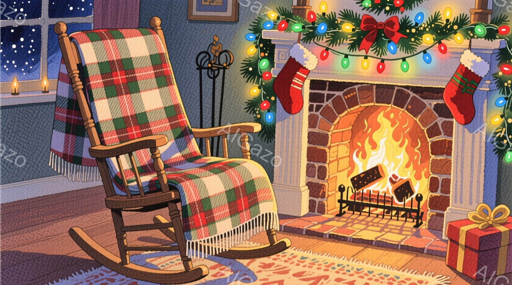 暖炉の前には揺り椅子が置かれ、赤い格子柄のブランケットがかけられています。暖炉は燃え盛っており、その周りにはクリスマスプレゼントや靴下が飾られています。全体的に温かく、クリスマスの雰囲気が漂う居心地の - AI生成フリー素材