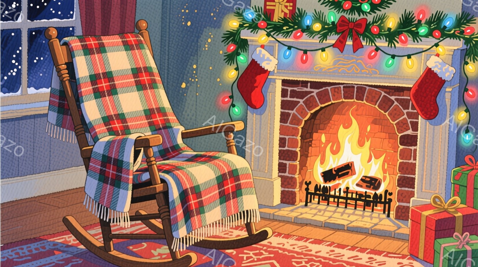 暖炉のそばにロッキングチェアが置かれ、チェック柄のブランケットがかけられています。暖炉の中では炎が燃え盛り、その前にはプレゼントがいくつか置かれています。クリスマスの飾り付けが暖炉の上に飾られ、部屋全体が温かく、居心地の良い雰囲気を醸し出しています。