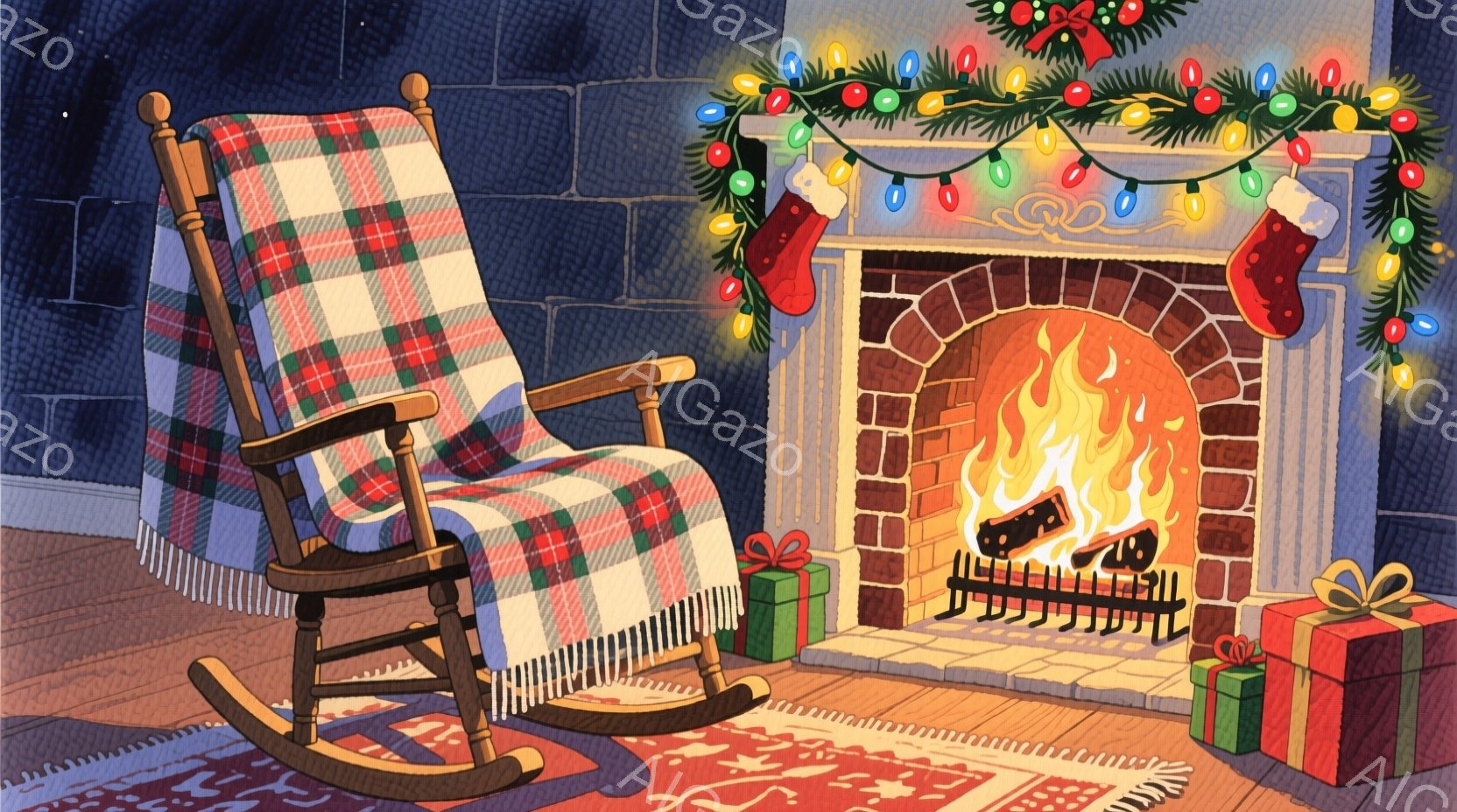 暖炉の前にはロッキングチェアが置かれ、チェック柄のブランケットがかけられています。床には赤い模様のラグが敷かれ、暖炉の周りにはプレゼントがいくつか置かれています。暖炉の上にはクリスマスリースと靴下が飾 - AI生成フリー素材