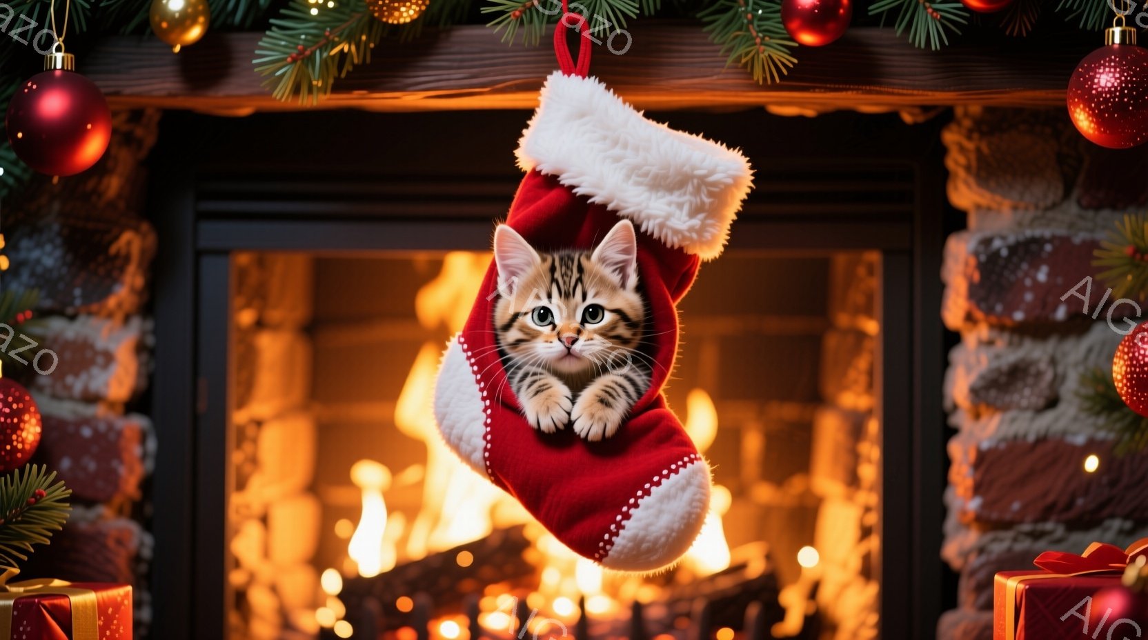 赤いクリスマスストッキングの中に、小さなキジトラ猫が丸まって座っています。猫は好奇心と少しの警戒心を含んだ表情で、カメラを見つめています。背景には暖炉の炎が燃え盛り、クリスマスツリーの飾りやプレゼント - AI生成フリー素材