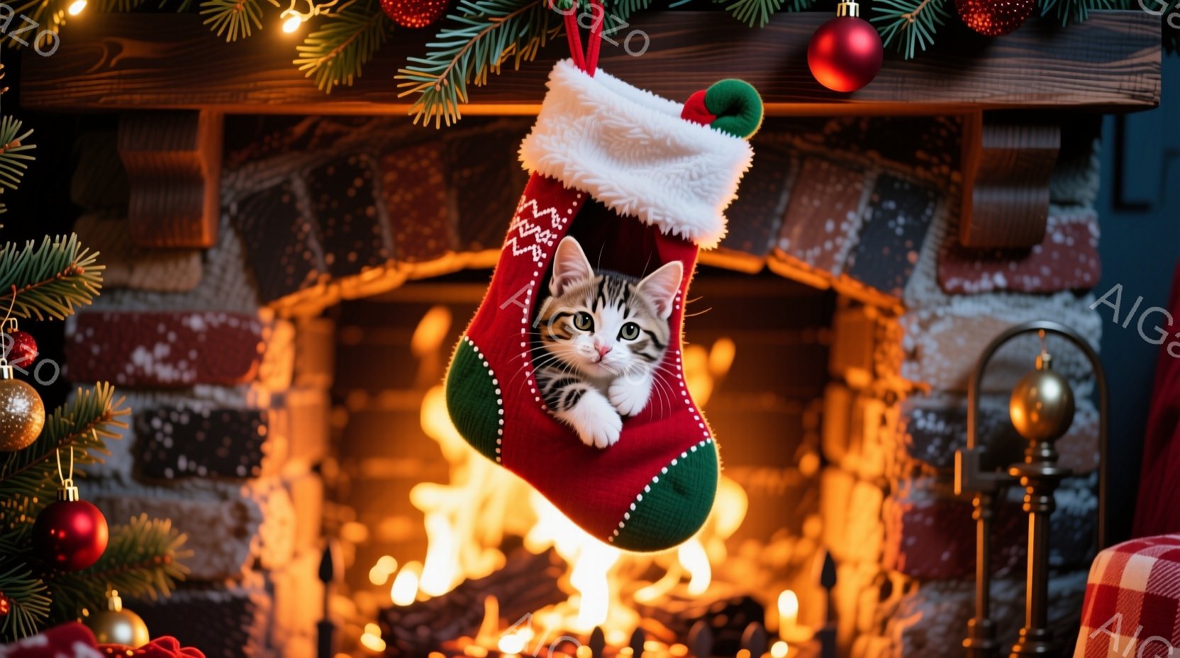 赤と緑のクリスマスストッキングの中に、縞模様の小さな子猫が可愛らしく顔を覗かせています。暖炉の炎がストッキングを照らし、背景にはクリスマスツリーの飾りと暖かい光が広がっています。全体的に温かく、居心地 - AI生成フリー素材