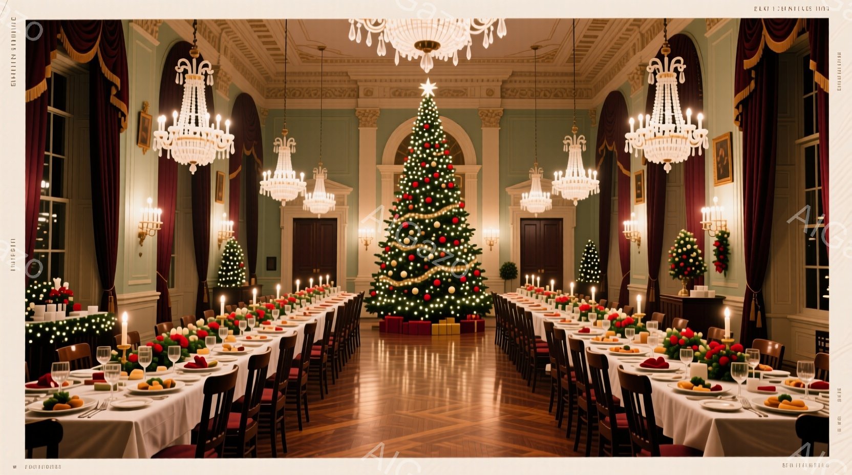 長いダイニングテーブルが部屋の中央に設置されており、クリスマスディナーの準備が整っています。テーブルには、白いテーブルクロス、銀食器、グラス、赤い装飾が置かれ、豪華な雰囲気を醸し出しています。部屋の奥には、イルミネーションで飾られた大きなクリスマスツリーがあり、シャンデリアが部屋全体を明るく照らしています。