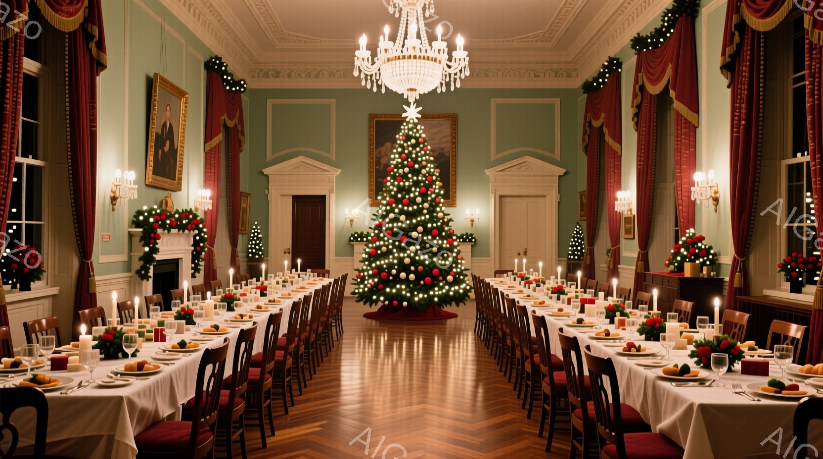 広々とした部屋には、クリスマスを祝う盛大な食事が長テーブルに並べられています。暖炉にはクリスマスデコレーションが施され、部屋全体が華やかな雰囲気に包まれています。窓の外は暗く、室内はキャンドルとシャン - AI生成フリー素材
