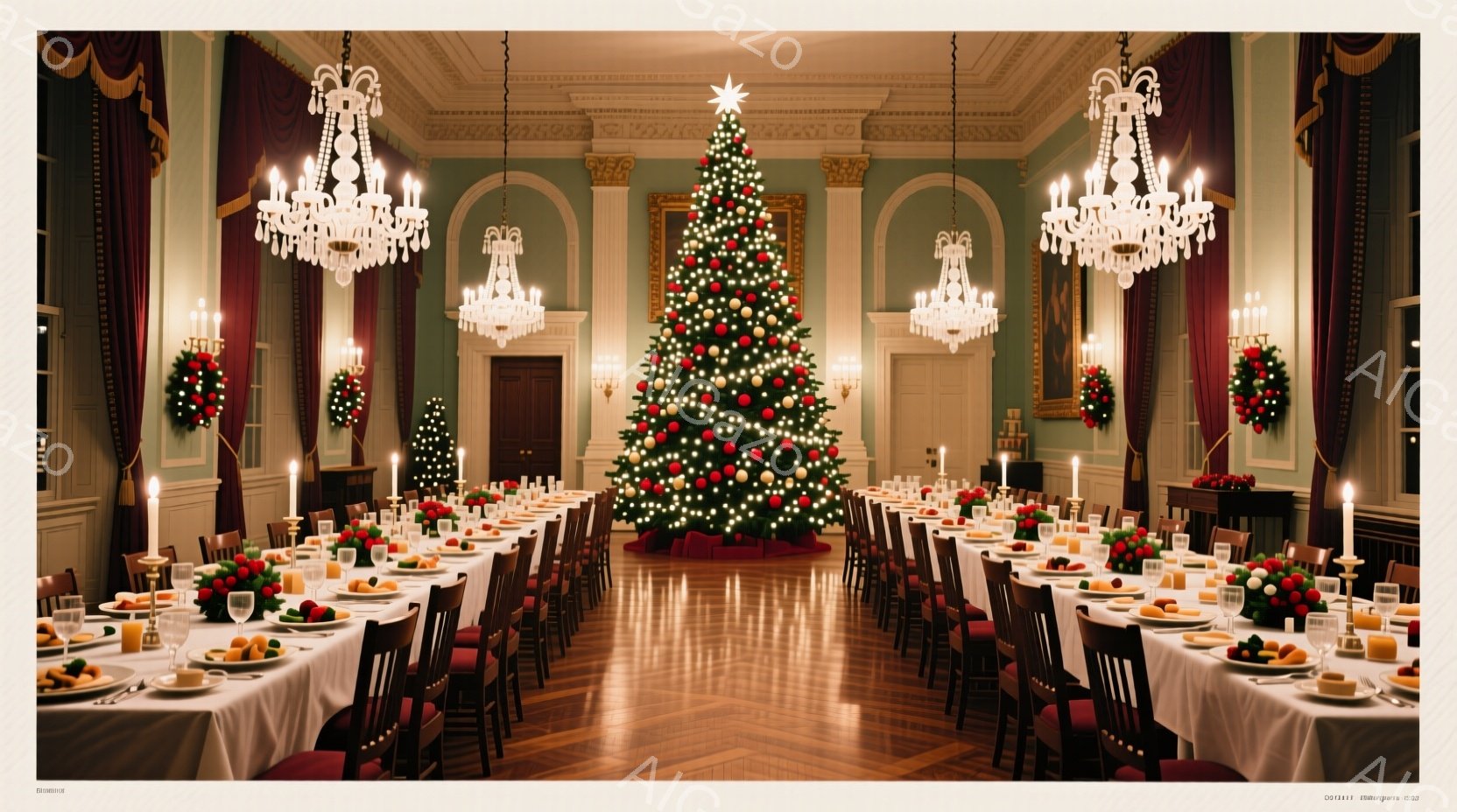 長いテーブルが部屋全体に広がり、クリスマスディナーの準備が整っている様子が描かれている。天井からは豪華なシャンデリアが吊り下げられ、壁にはクリスマスリースが飾られ、部屋の中央には高く飾られたクリスマス - AI生成フリー素材