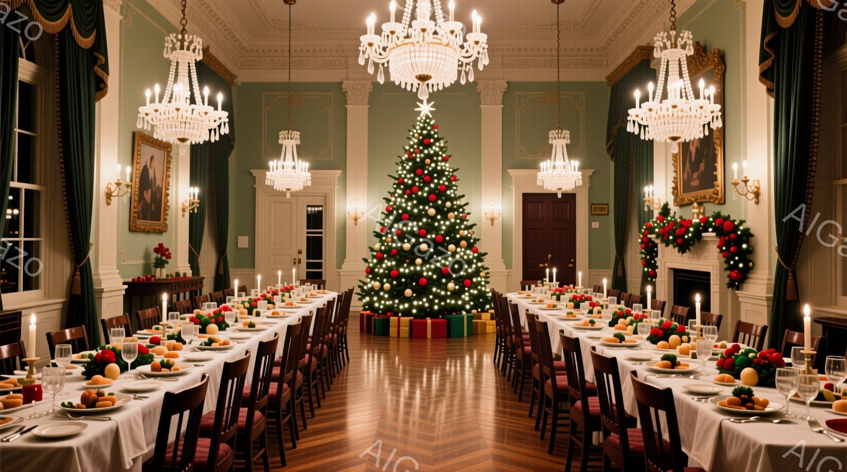 広々としたダイニングルームには、長いテーブルが設置され、クリスマスディナーの準備が整っています。テーブルには白いテーブルクロスが敷かれ、料理が並べられ、キャンドルが灯されています。背景には、クリスマス - AI生成フリー素材
