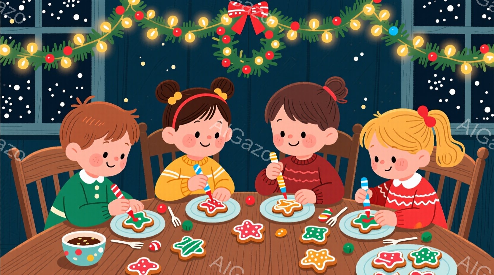 暖炉のそばのテーブルを囲み、四人の子供たちがクリスマスにクッキーをデコレーションしている様子が描かれています。それぞれ緑、オレンジ、ピンク、赤のセーターを着ており、髪型は短髪、三つ編み、ポニーテール、 - AI生成フリー素材
