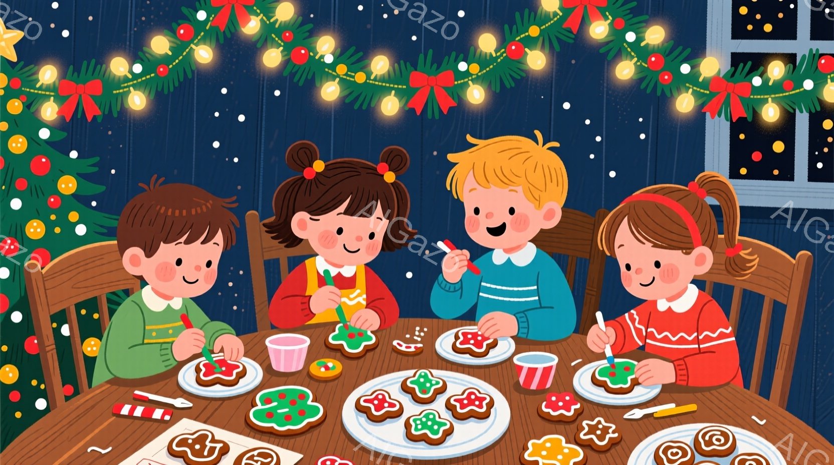 暖炉のある部屋で、クリスマスのクッキーをデコレーションする4人の子供たちが描かれています。それぞれが緑や赤のセーターを着ており、髪型は三つ編みや短い髪で、皆笑顔でクッキーにアイシングを塗っています。背 - AI生成フリー素材