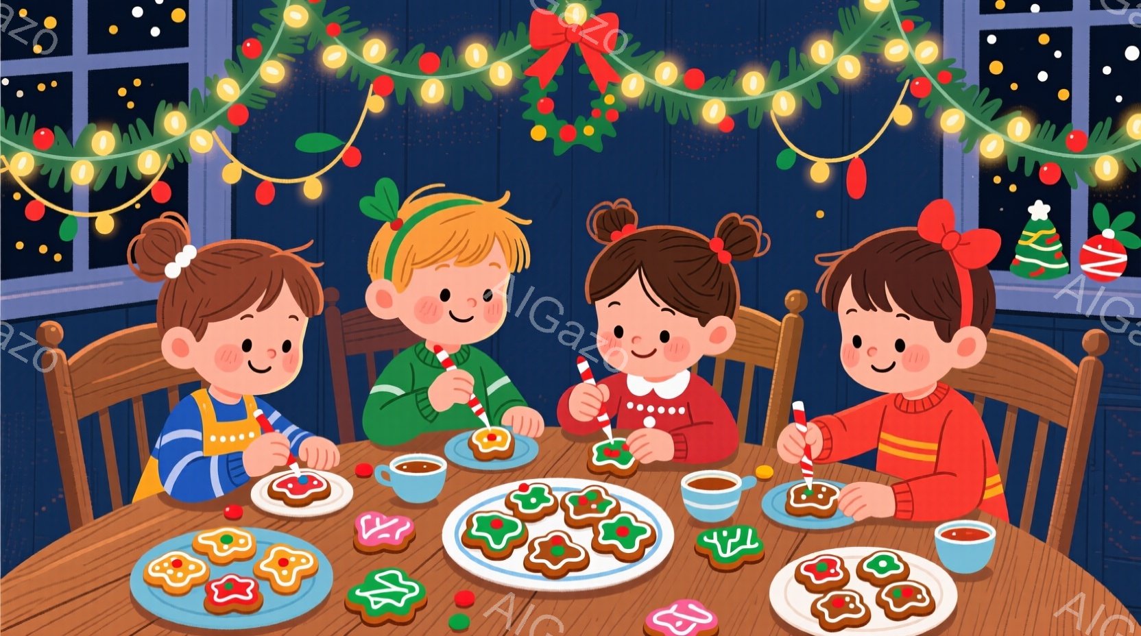 4人の子供たちがテーブルを囲んでクッキーのデコレーションを楽しんでいます。それぞれ異なる色の服を着ており、赤いリボンで結んだ三つ編みの髪型をしています。背景にはクリスマスの飾り付けがあり、温かく幸せな - AI生成フリー素材
