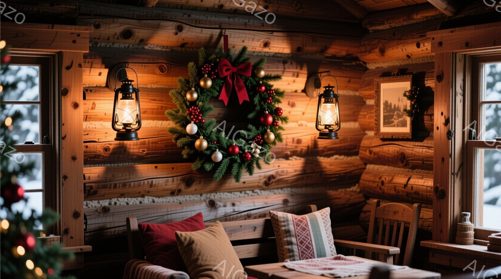 暖炉のある木の壁の部屋には、クリスマスリースと提灯が飾られています。赤いクッションとチェック柄のクッションが置かれた椅子やテーブルがあり、冬の穏やかな雰囲気を醸し出しています。窓の外は雪景色で、暖かく - AI生成フリー素材
