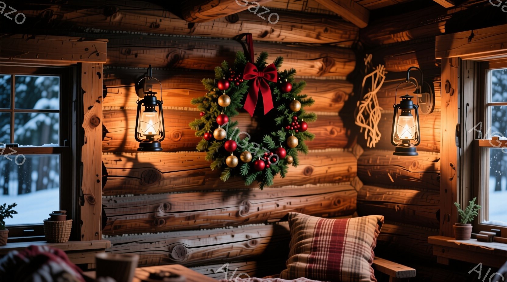 暖炉のそばにある木の壁に、クリスマスリースが飾られています。窓の外は雪景色で、室内はランタンの光で温かく照らされ、クリスマスの穏やかな雰囲気が漂っています。クッションと木製のテーブルが配置され、リラッ - AI生成フリー素材