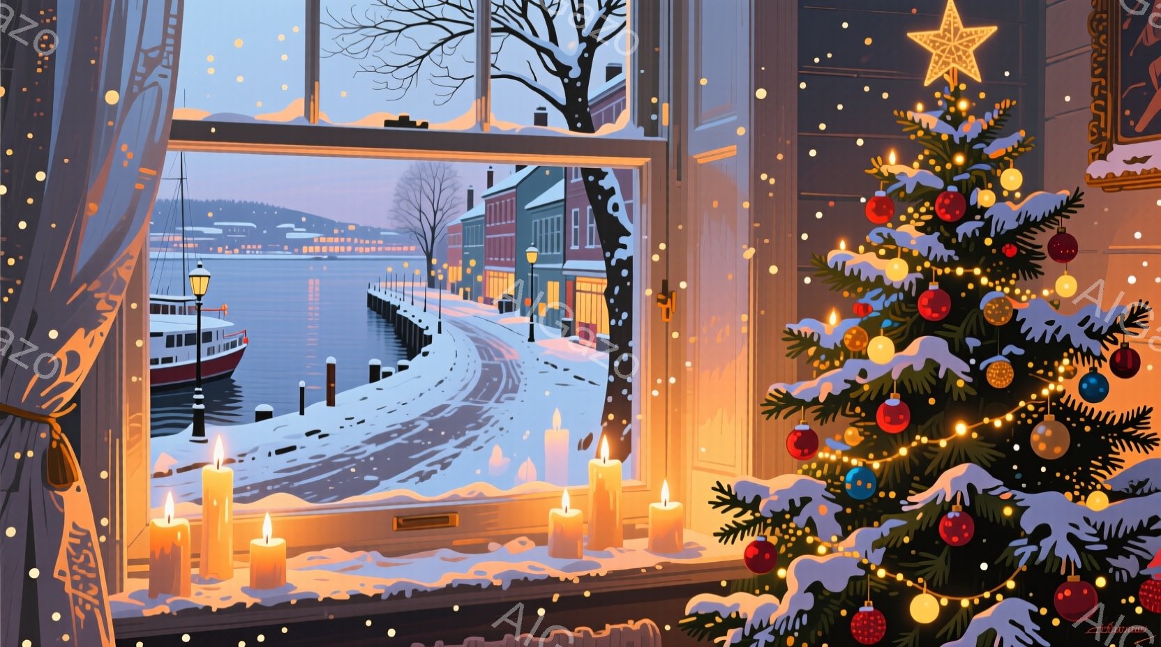雪景色が広がる港町を、窓から見下ろす構図です。窓辺にはキャンドルが灯され、クリスマスツリーが飾られ、暖かく穏やかな雰囲気が漂っています。背景には雪に覆われた建物や船が見え、冬の静寂と祝祭の喜びが共存す - AI生成フリー素材