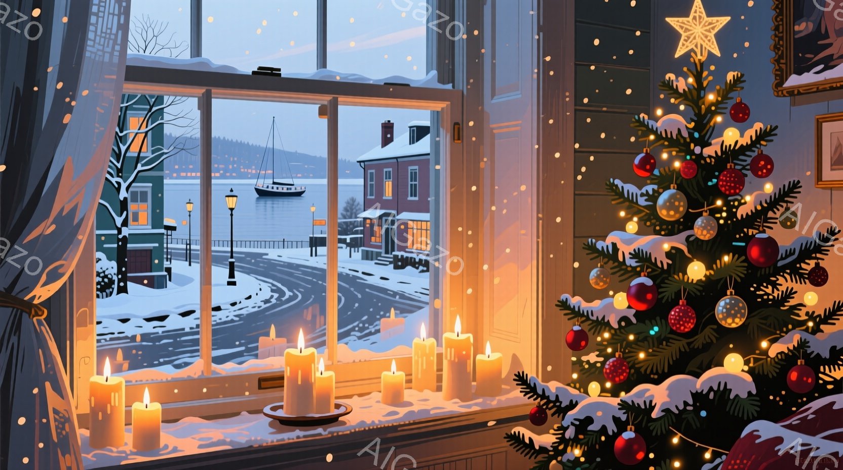 窓の外には雪景色が広がり、凍った海に沿って小さな町並みが広がっている。室内には、暖かく光るキャンドルが並び、クリスマスの飾り付けがされたクリスマスツリーが部屋を明るく照らしている。全体的に、穏やかで温 - AI生成フリー素材