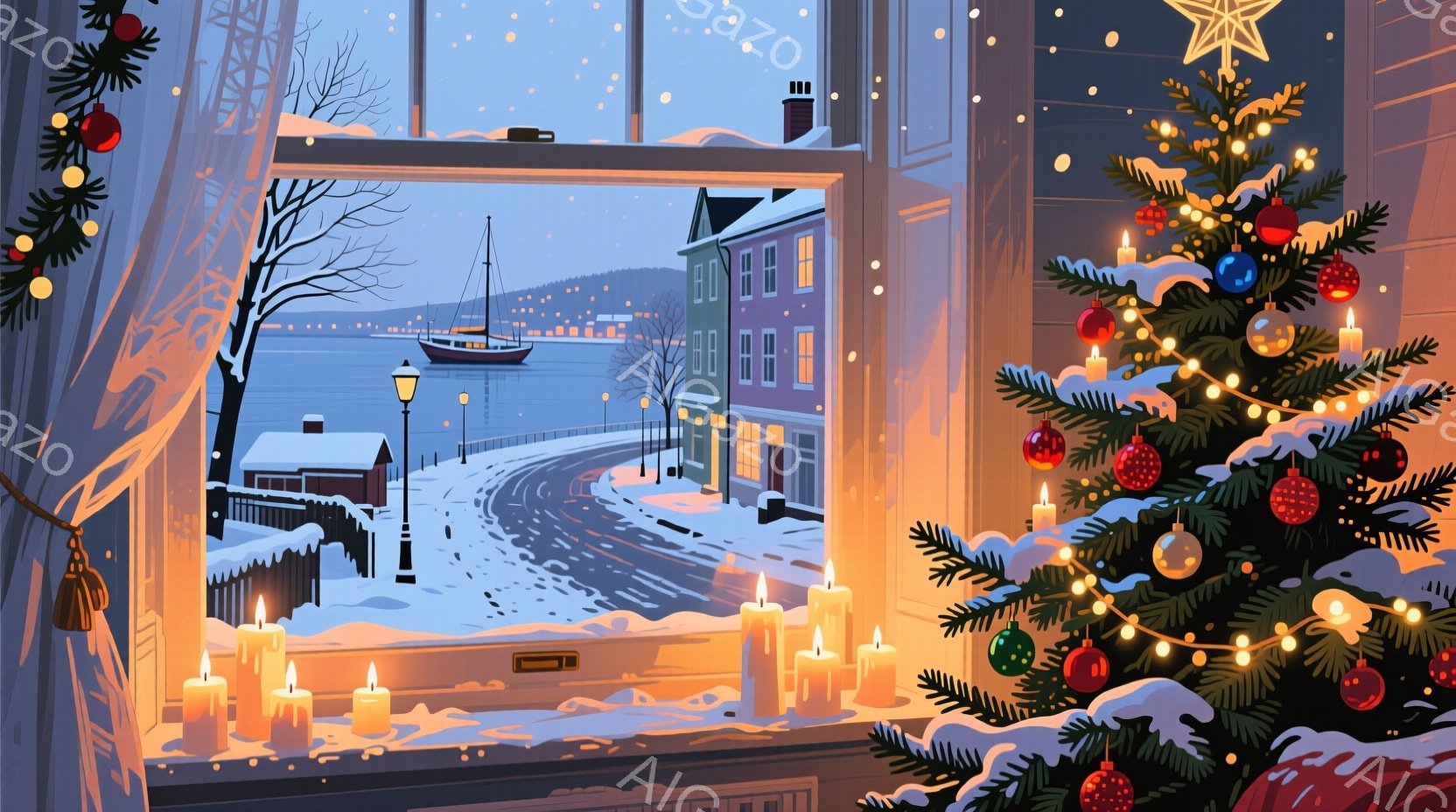 窓の外には雪景色が広がり、凍てつくような冬の街並みが広がっている。通りには雪が積もり、遠くには海と帆船が見え、街灯が薄暗い光を投げかけている。室内にはクリスマスツリーが飾られ、暖かく穏やかな雰囲気が漂 - AI生成フリー素材