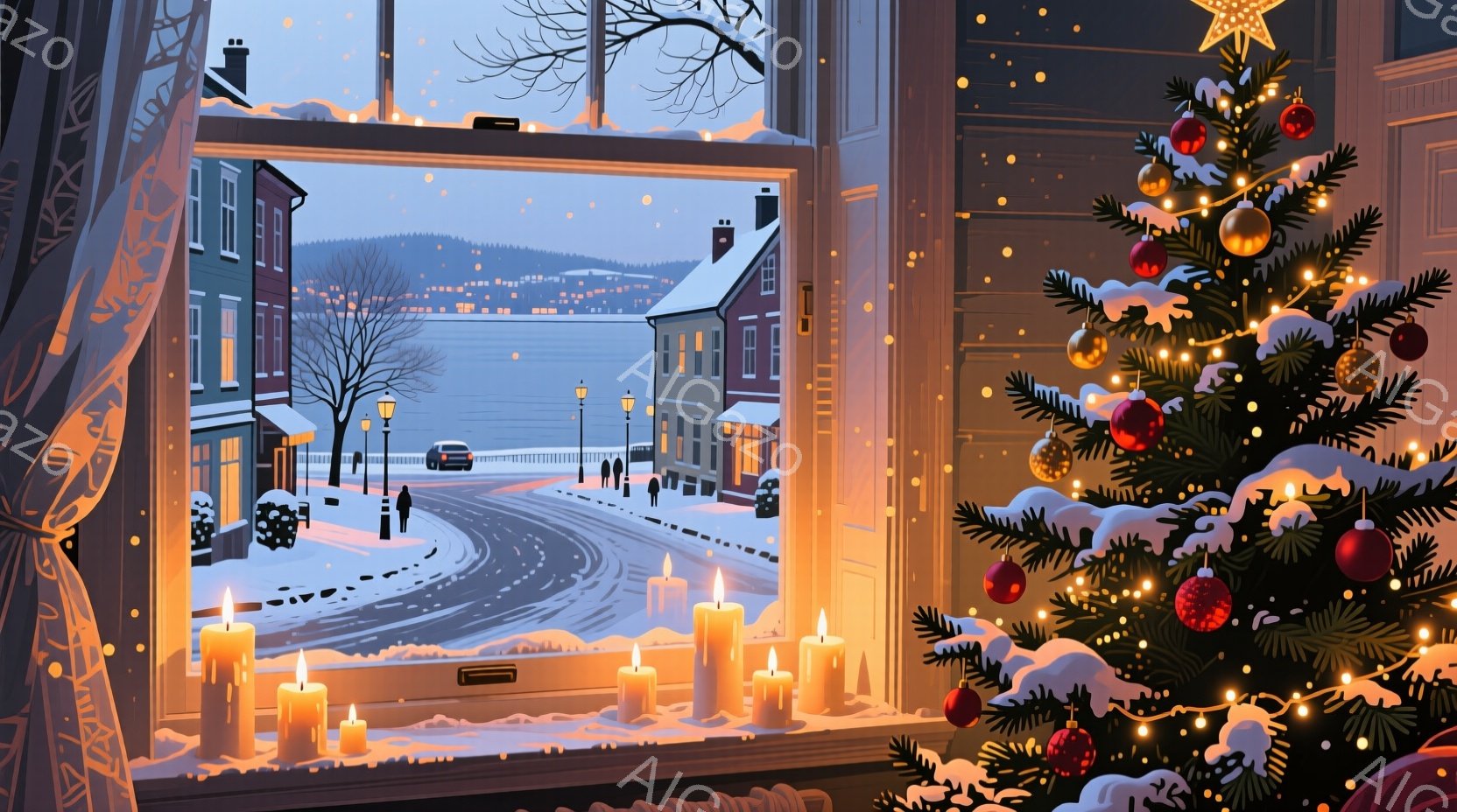 雪景色が広がる街並みを窓から眺める様子が描かれている。窓辺には複数のロウソクが灯され、クリスマスの飾り付けられたクリスマスツリーが暖かな光を放っている。雪に覆われた道には数台の車が走っており、遠くには - AI生成フリー素材