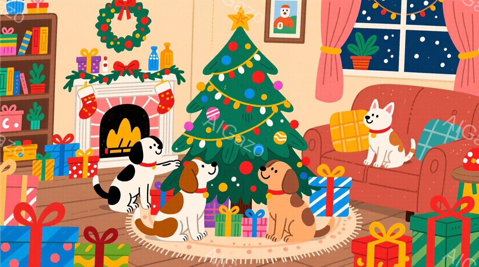 クリスマスツリーの周りには、様々な毛色の犬たちが集まりプレゼントに囲まれています。暖炉には赤い靴下が掛けられ、部屋全体が温かく、お祝いの雰囲気に包まれています。背景にはプレゼントの山、植物、そして窓の - AI生成フリー素材