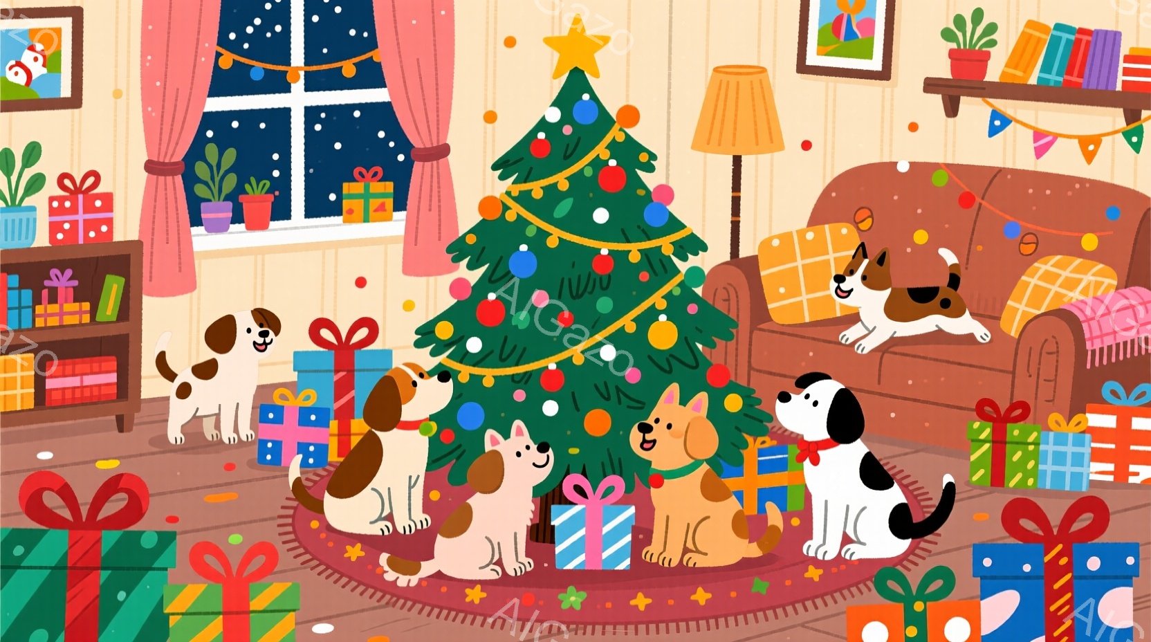 クリスマスツリーの周りに様々な模様の犬たちが集まり、プレゼントに囲まれています。犬たちは皆、座っているか、プレゼントを見つめているか、またはツリーの近くのソファに座っています。背景には、窓、植物、そし - AI生成フリー素材