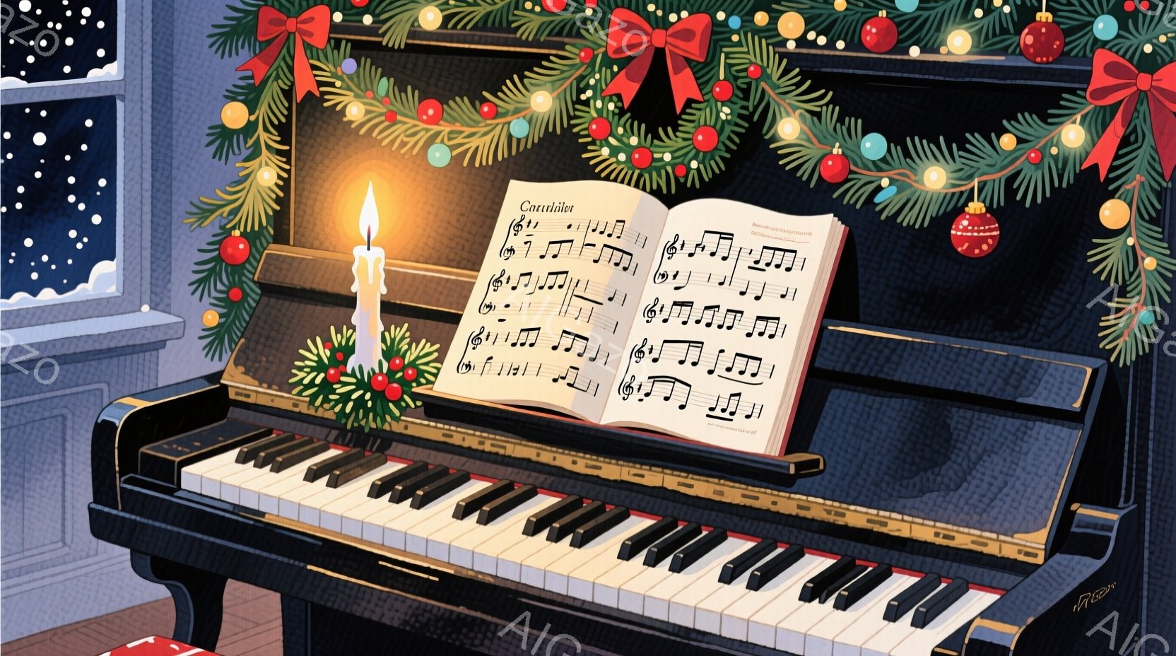 ピアノの上には楽譜が開かれており、その横には火の灯ったロウソクが置かれている。ピアノはクリスマスツリーの飾りに囲まれ、背景には雪が降る夜空が見える、温かく幻想的な雰囲気が漂う。全体的に落ち着いた色調で - AI生成フリー素材