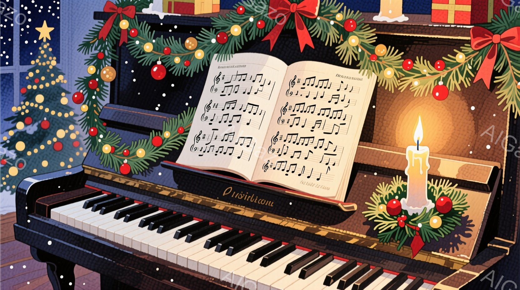 深い緑のガーランドと赤いオーナメントで飾られた黒いピアノが中心に描かれています。楽譜が開かれてピアノの上に置かれ、その横には暖かく光るキャンドルと赤い靴下が飾られています。背景には雪が降る夜景とクリス - AI生成フリー素材