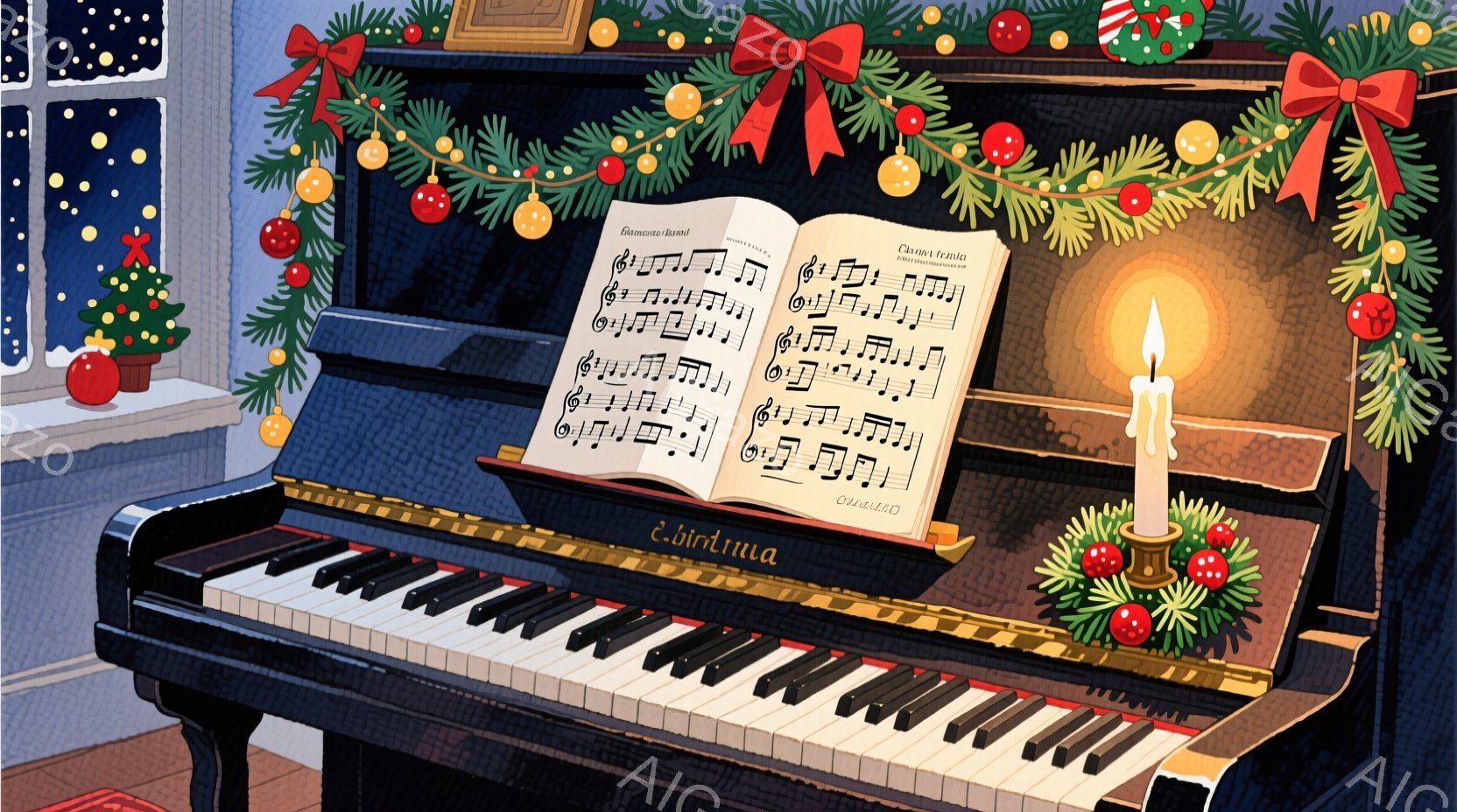 暖炉のそばに置かれたグランドピアノが描かれています。楽譜が開き、ピアノの上にはクリスマスリースや装飾が飾られており、キャンドルが灯っています。暖炉の光と装飾が、温かく穏やかなクリスマスの雰囲気を醸し出 - AI生成フリー素材