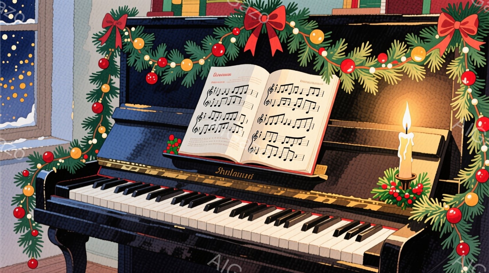 黒いピアノが中央に配置され、楽譜が開いて、その上に一本の蝋燭が灯されています。ピアノ全体は赤い実の付いた緑の飾りで飾られており、背景には雪景色が見える窓があり、クリスマスの暖かく穏やかな雰囲気を醸し出 - AI生成フリー素材