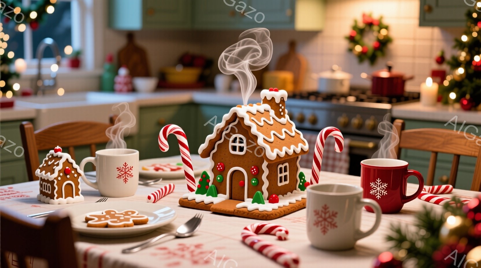 テーブルの上には、クリスマスらしいジンジャーブレッドハウスとキャンディケーン、そして湯気が立ち上るホットココアのカップが並べられています。背景には緑色のキャビネットと、ぼんやりと見えるキッチンがあり、 - AI生成フリー素材