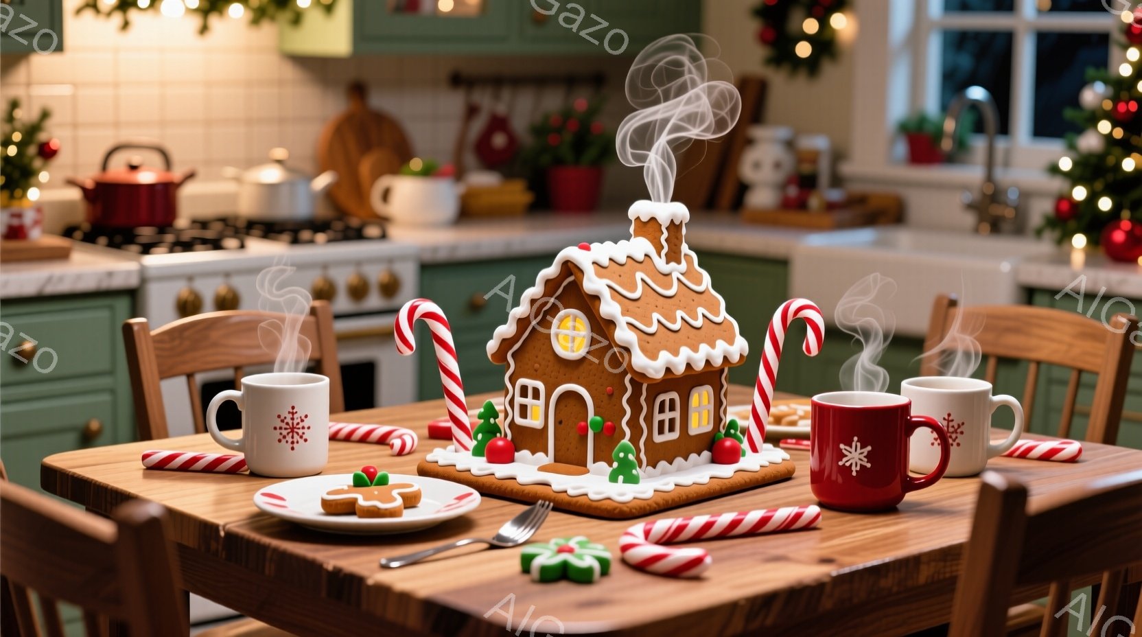 温かい雰囲気のダイニングテーブルの上に、ジンジャーブレッドで作られた可愛らしい家が飾られています。テーブルには、赤いクリスマス柄のマグカップから立ち上る湯気と、クリスマスキャンディ、クッキーが添えられ - AI生成フリー素材