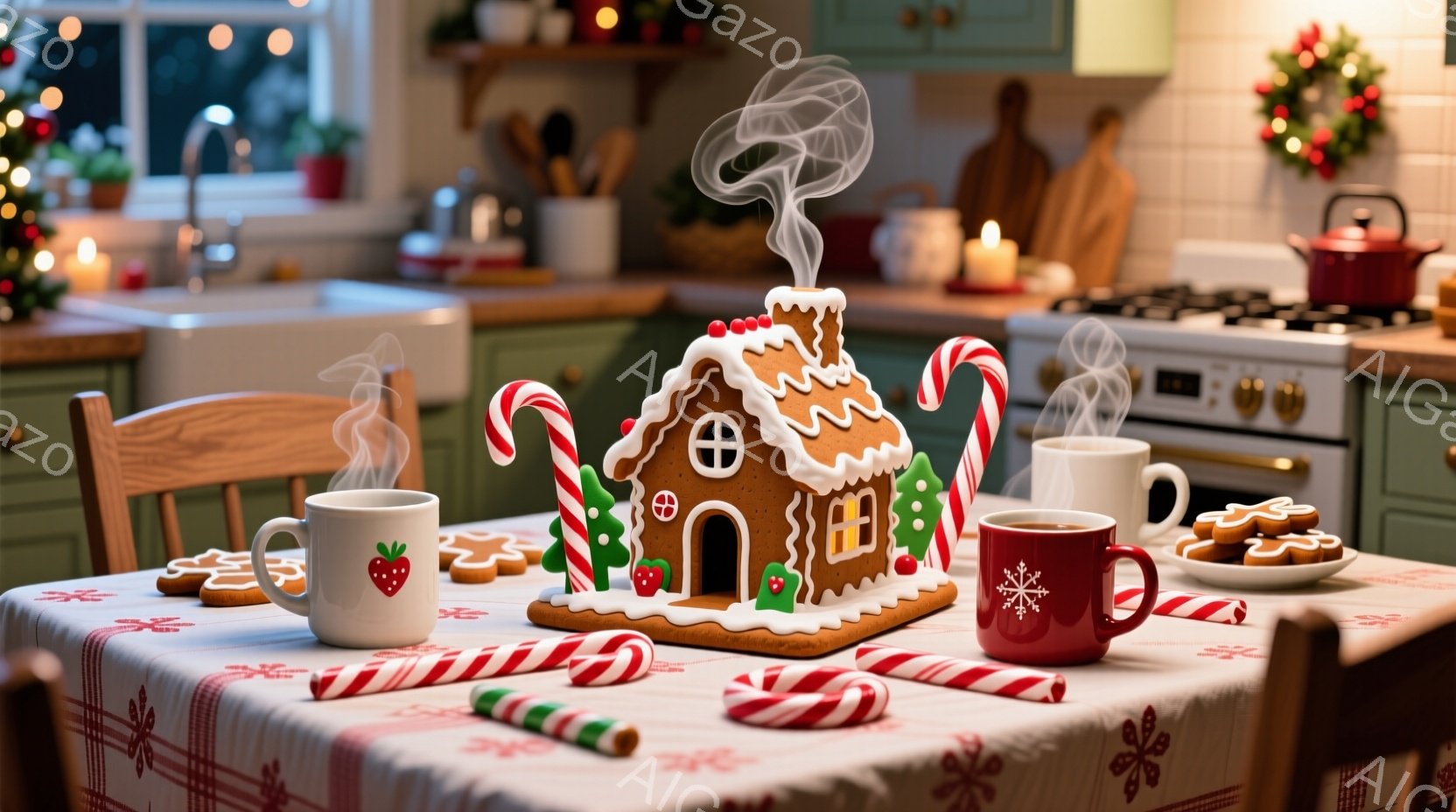 テーブルの上には、クリスマスのジンジャーブレッドハウスとキャンディケーン、そして温かい飲み物が置かれた赤いマグカップが並んでいます。背景には、クリスマスデコレーションが施されたキッチンがあり、温かみの - AI生成フリー素材
