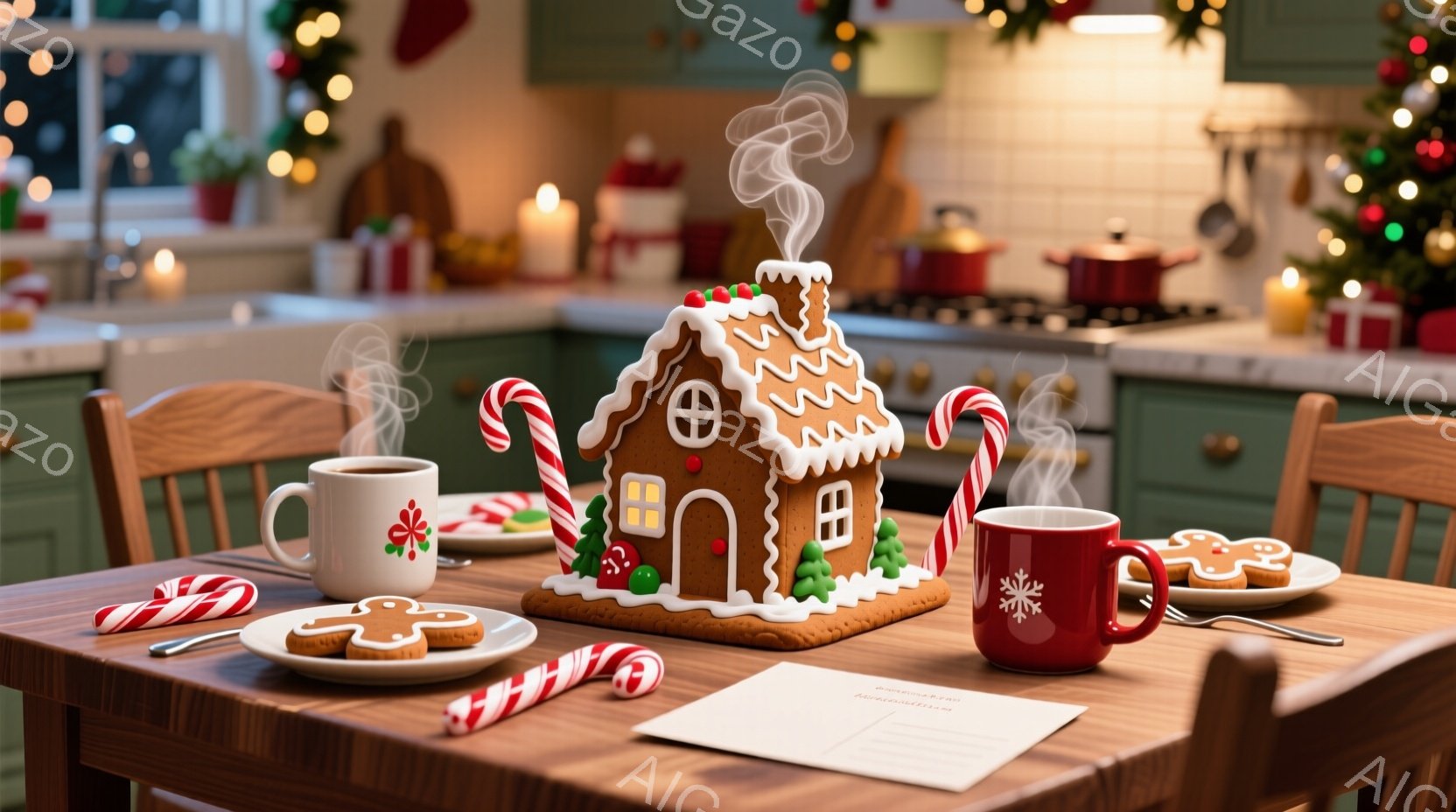 暖炉のあるキッチンを背景に、ジンジャーブレッドハウス、クッキー、そして湯気が立つマグカップがテーブルに並べられています。テーブルにはキャンディケーンと白い紙も置かれ、クリスマスの温かい雰囲気を醸し出し - AI生成フリー素材