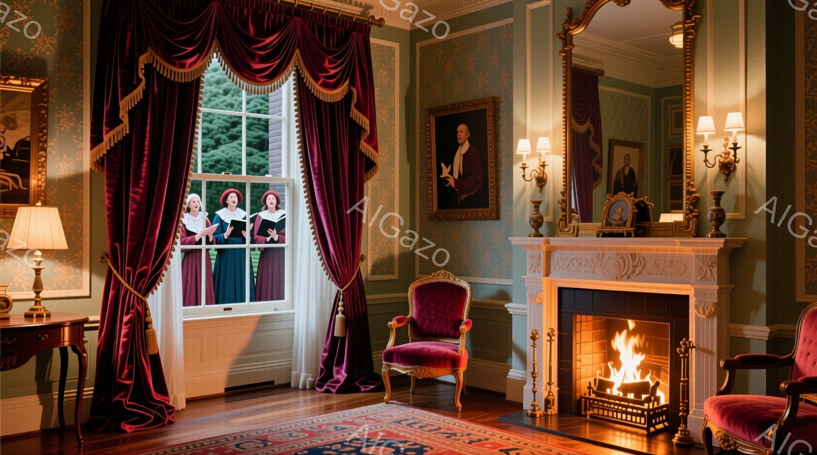 部屋は豪華な内装で、壁は緑色の壁紙、床は赤い模様のカーペットで覆われています。窓の外には、緑豊かな風景が広がり、数人の女性が白い衣装を着て、楽しそうに何かを歌っているようです。暖炉には火が灯り、部屋全 - AI生成フリー素材