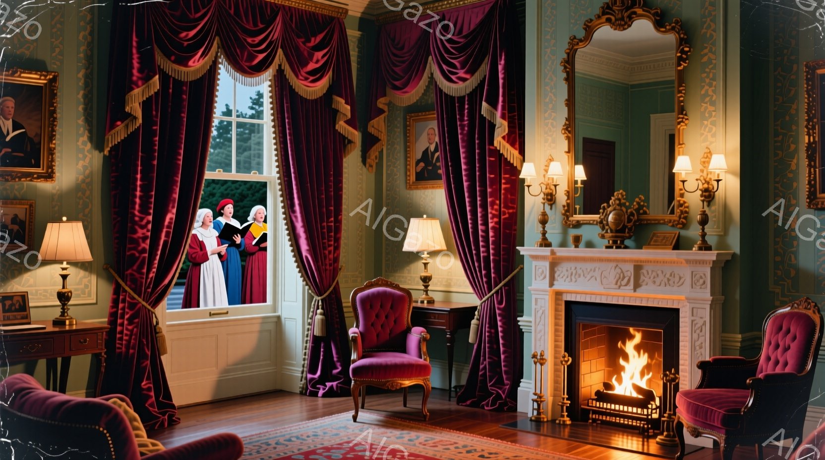 豪華な内装の部屋には、暖炉と豪華な赤いベルベットのカーテン、そして絵画が飾られています。窓の外には、緑豊かな風景と、赤いコートを着た三人の人物が立っており、会話をしている様子がうかがえます。部屋全体は - AI生成フリー素材