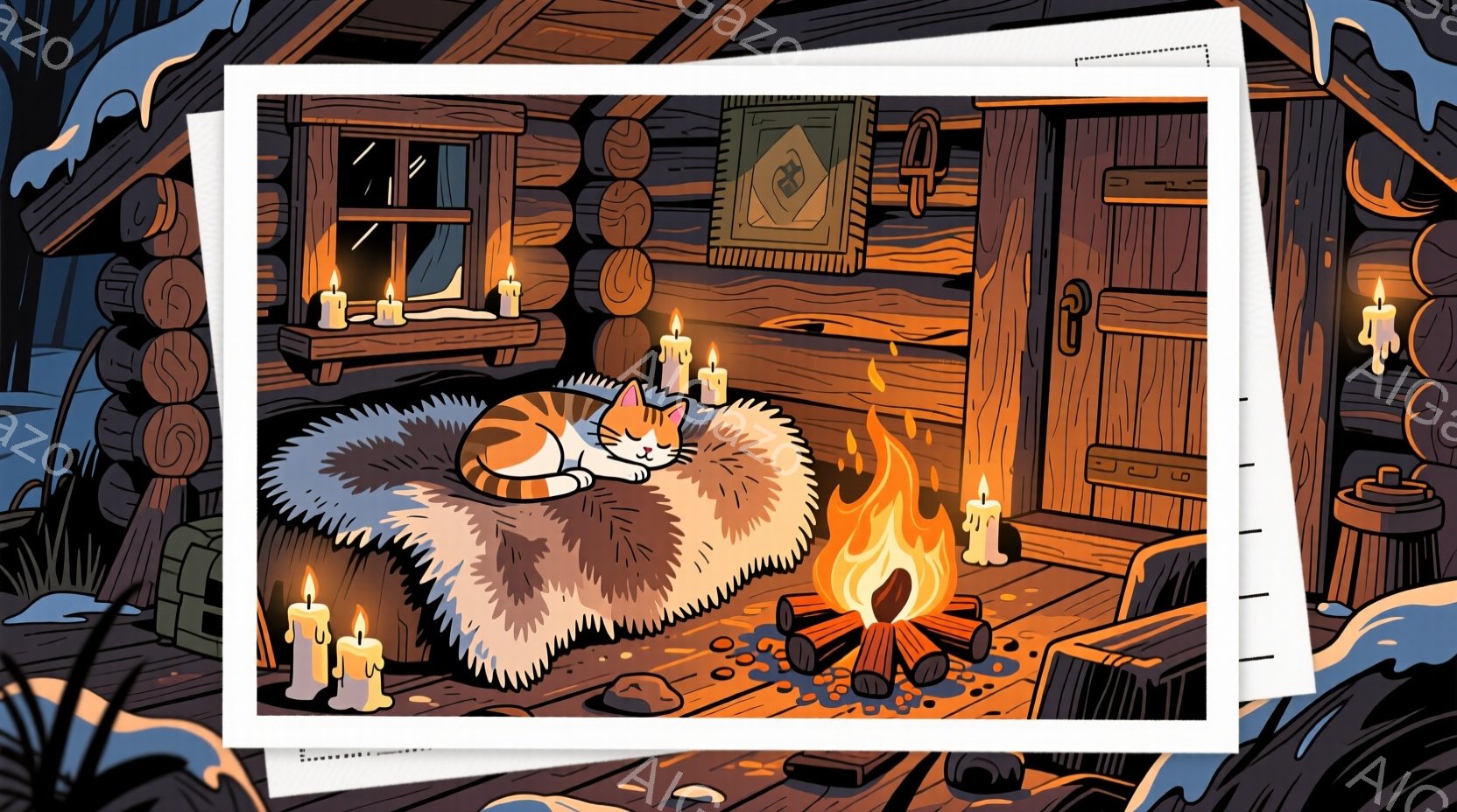 暖炉の前で毛皮の上に丸まって眠っている猫が描かれています。部屋は木製の壁で囲まれ、窓からは雪景色が見え、暖炉の周りにはいくつかのキャンドルが灯っています。全体的に、暖かく、居心地の良い、冬の情景が表現 - AI生成フリー素材