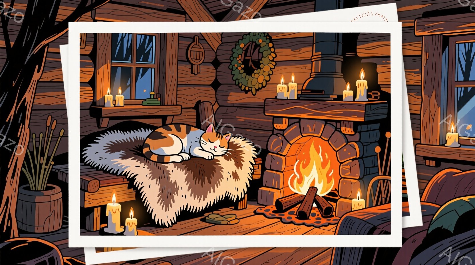 暖炉の前で毛並みの美しい猫が丸まって眠っています。暖炉の周りにはキャンドルが灯され、壁にはクリスマスリースが飾られています。木の壁と床、窓から見える夜空が、温かく落ち着いた冬の雰囲気を醸し出しています - AI生成フリー素材