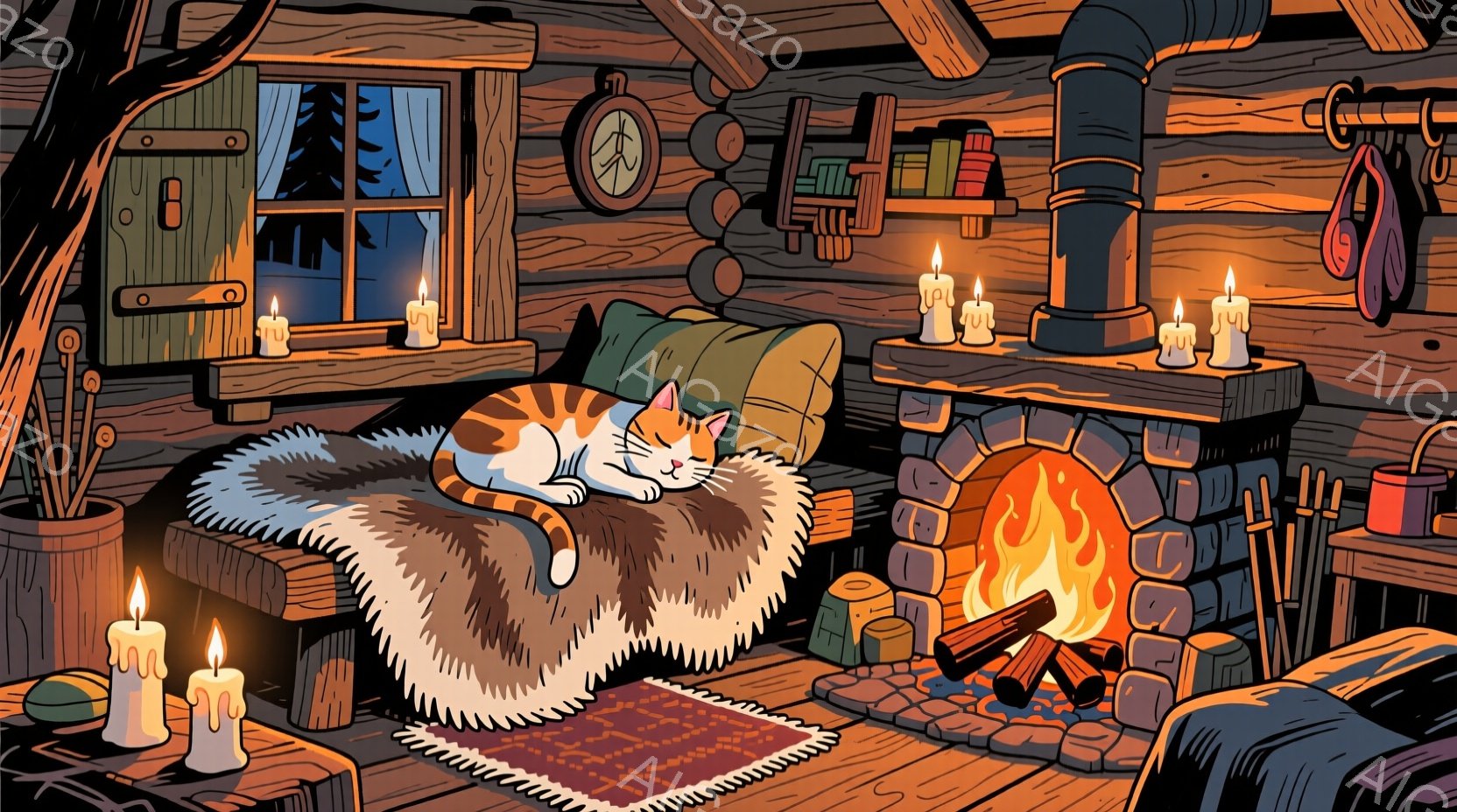 暖炉の前でオレンジ色の毛並みの猫が丸くなって眠っています。部屋は木製の壁と床でできており、窓からは雪景色が見え、キャンドルや本棚が置かれた居心地の良い空間です。全体的に暖かく、静かで、リラックスした雰 - AI生成フリー素材