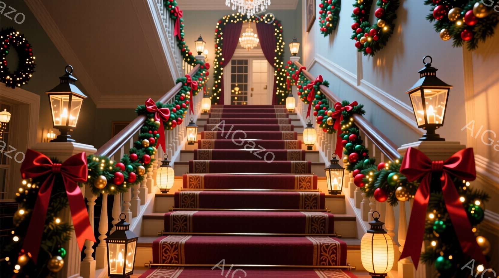 豪華な赤い絨毯が敷かれた階段が、クリスマス装飾で華やかに飾られています。階段の手すりや壁には、松や赤いリボン、電飾が飾られ、暖かくお祝いの雰囲気を醸し出しています。遠くには、明るい光が差し込む玄関が見 - AI生成フリー素材